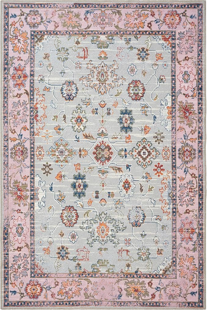 GLN Rugs Traditional Collection - Machine Washable Area Rug, Traditional Washable, Non Slip, Low Pile Chenille Rug, Living Room, Bedroom, Kitchen Rug (5' x 7' Pink/Blue/Multicolor)