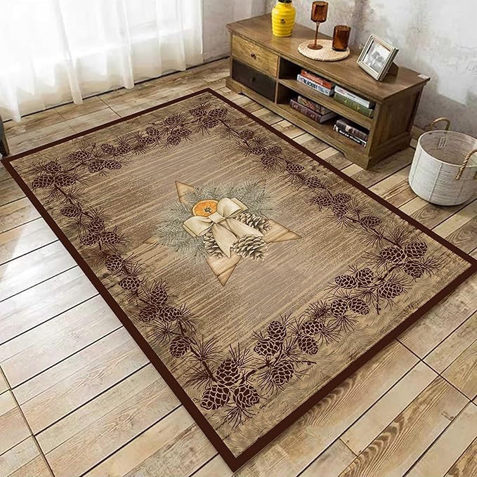 Vintage Pine Cone Area Rug 4x5ft Rustic Lodge Wooded Pine Cone Area Rug Wood Grain Star Leaf Distressed Indoor Non-Slip Washable Carpet for Dormitory Study Room Fireplace Office