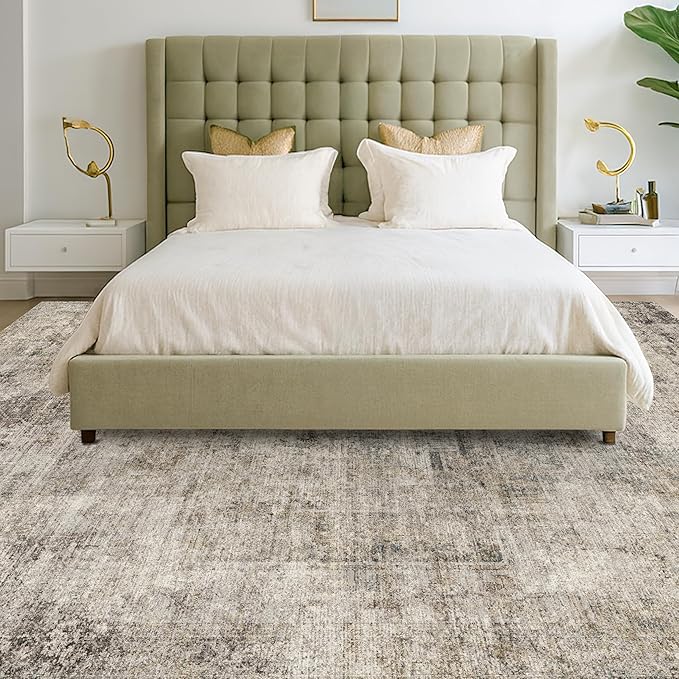 Farmhouse Brown Rugs for Living Room 8x10 - Taupe Rustic Minimalist Area Rug for Dining Room, Large Bedroom, Washable Foldable Dark Academy Décor