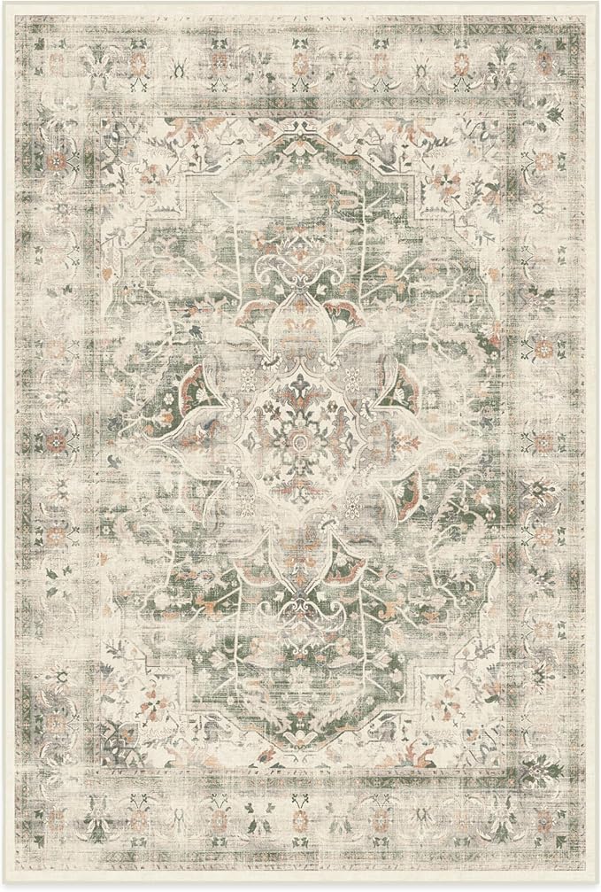 RUGGABLE Washable Vintage Area Rug – Sarrah Sage 6x9, Stain-Resistant, Non-Slip – Medium Machine Washable Rugs for Living Room, Bedroom, Hallway, Entryway & Office–with Cushioned Pad