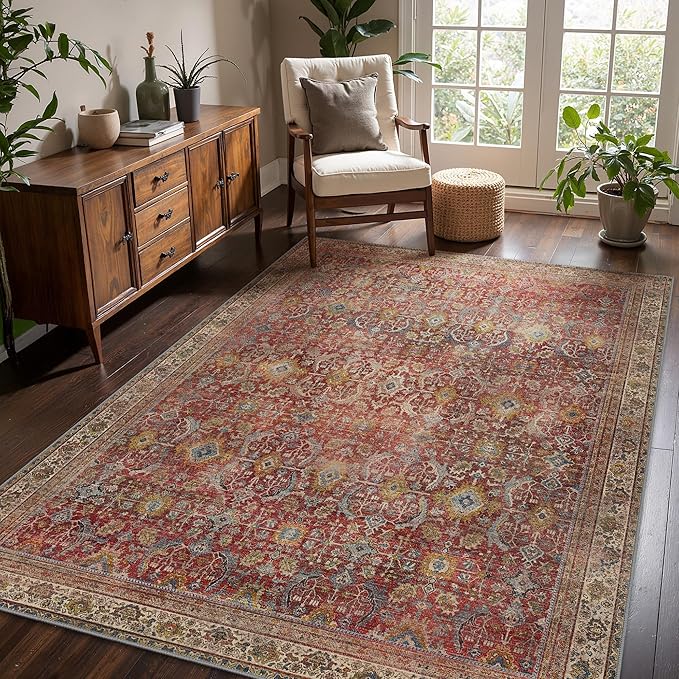 6x9 Area Rug Machine Washable Boho Rug for Living Room,Ultra-Thin Low Pile Carpet,Lightweight Indoor Printed Rug,Non Slip Floral Area Rug for Bedroom, Dining Room, Home Office,Burgundy Red