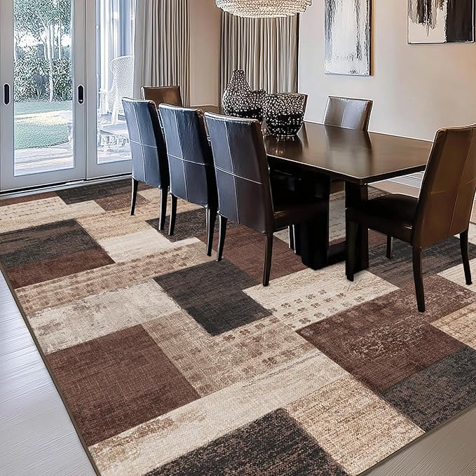 Modern Geometric Patchwork Indoor Area Rug for Living Room, Chocolate 9'x 12' Large Rug Rockwood Collection Hardwood Floors Decor for Bedroom, Brown Throw Carpet for Office Entryway Dining Room