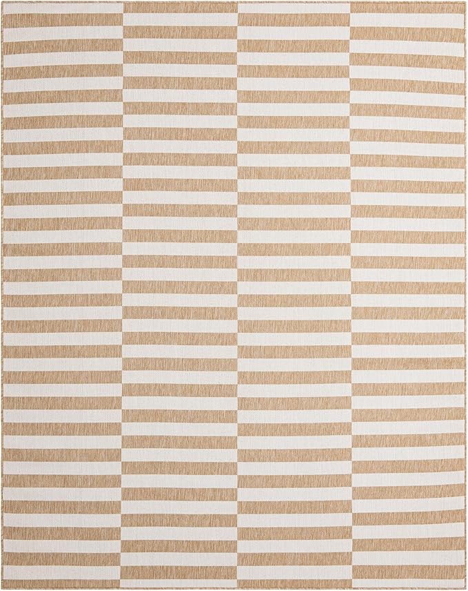 Unique Loom Outdoor Striped Collection Area Rug - Striped (7' 10" x 10' Rectangle Taupe/Ivory)