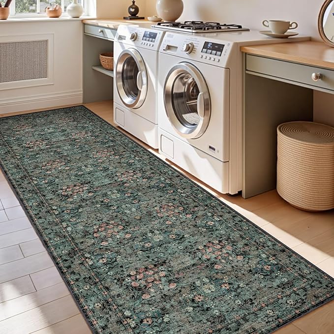 Lunasun Boho Dark Green Botanical 2x6 Washable Long Kitchen Runner Rug - Floral Throw Rug for Hallway, Bathroom, Indoor Entrance, Laundry, Bedroom - Soft Vintage Front Door Mat with Low Pile Non Skid