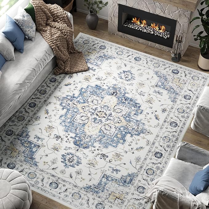 jinchan Area Rug 6x9 Vintage Washable Living Room Rug Floral Medallion Non Slip Thin Floor Cover Retro Classic Soft Boho Farmhouse Carpet for Bedroom Dining Room Kitchen Blue