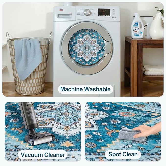 Tangsoo Blue 2x3 Washable Rug for Entryway, Vintage Non Slip Small Area Rug, Indoor Front Door Rug, Print Door Mat Small Carpet, Soft Low Pile Rugs for Entrance Kitchen Bedroom Home Decor