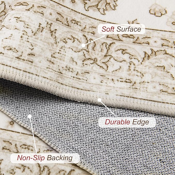 XWZO Runner Rug 2x10ft for Long Hallways, Washable Non-Slip Low Pile Area Rug with Rubber Backing, Spill Resistant Soft Vintage Floor Carpet for Kitchen Entryway Stair Landing Living Room, Beige