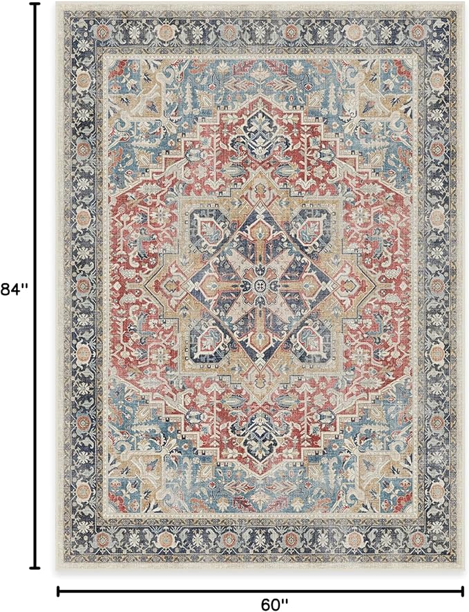 RUGGABLE Washable Vintage Area Rug – Kamran Cayenne Red 5x7, Stain-Resistant, Non-Slip – Medium Machine Washable Rugs for Living Room, Bedroom, Hallway, Entryway & Office–with Cushioned Pad