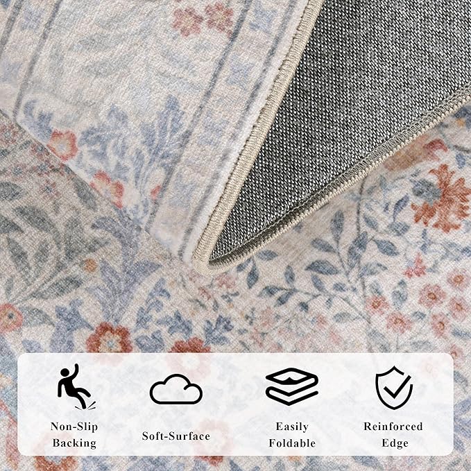 6x9 Floral Washable Area Rugs for Living Room, Vintage Boho Large Rug for Bedroom Dining Room， Distressed Botanical Birds Non Slip Low Pile Forest Animal Throw Carpet for Farmhouse Office, Beige Blue