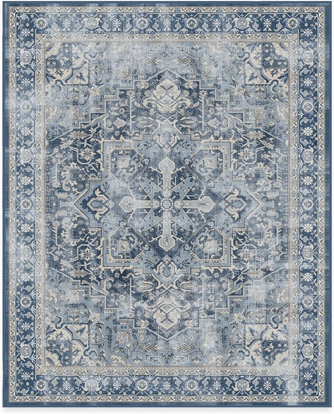 RUGGABLE Washable Vintage Area Rug – Kamran Admiral Blue 8x10, Stain-Resistant, Non-Slip – Large Machine Washable Rugs for Living Room, Bedroom, Hallway, Entryway & Office–with Standard Pad