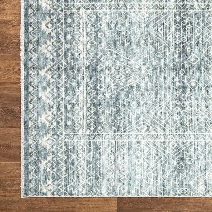 Bloom Rugs Caria Washable Non-Slip 7 ft Runner - Teal/Ivory Geometric Runner for Entryway, Hallway, Bathroom, and Kitchen - Exact Size: 2'6" x 7'