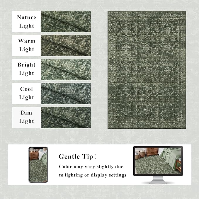 Washable Area Rug 6x9 Green Rugs for Living Room, Vintage Boho Large Rug for Bedroom Dining Room Office, Distressed Floral Print Carpet for Under Table, Soft Non Slip Low Pile Throw Carpet Indoor Mat