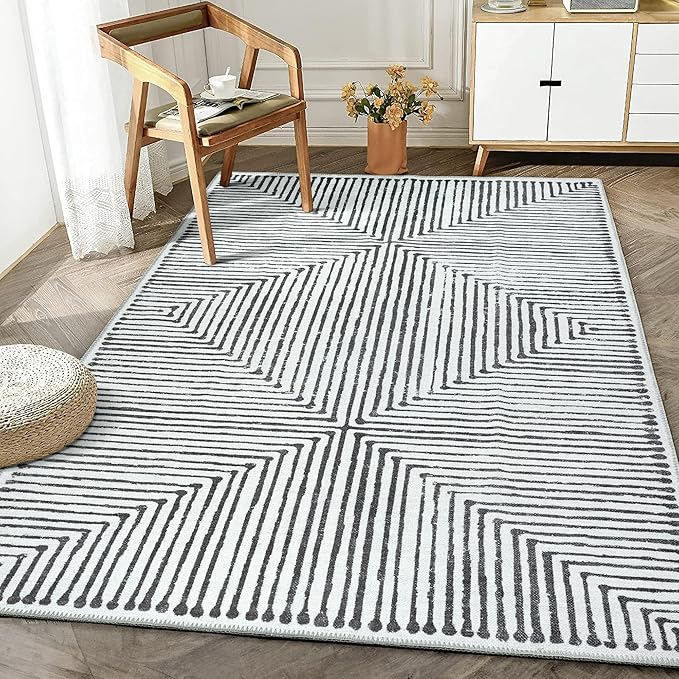 Bloom Rugs Washable Non-Slip 6' x 9' Rug - Black/Ivory Striped Area Rug for Living Room, Bedroom, Dining Room, and Kitchen - Exact Size: 6' x 9'