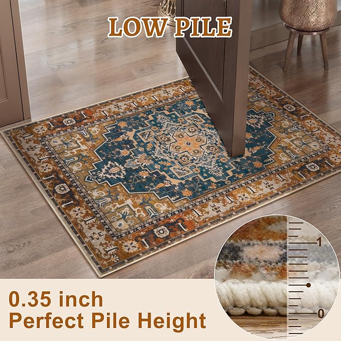 Tangsoo 2x6 Washable Runner Rug for Hallways, Non Slip Vintage Runner Rugs, Soft Low Pile Long Rug Runner, Print Distressed for Kitchen Bedroom Entryway Bathroom Living Room Indigo Ochre