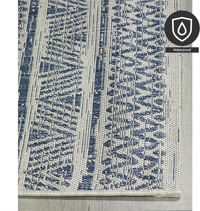 FH Home Flat Woven Outdoor Rug - Waterproof, Easy to Clean, Stain Resistant - Premium Polypropylene Yarn - Striped Boho - Large Patio, Deck, Sunroom - Amman - Blue - 7ft 8in x 9ft 8in
