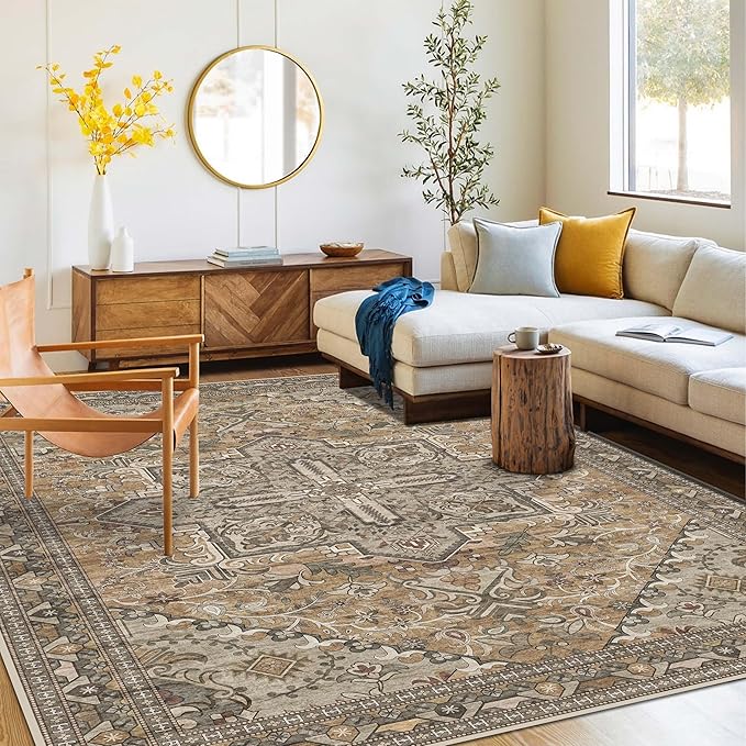 Washable Area Rug 4x6 | Non Slip Area Rug for Living Room, Bedrooms, Dining Room | Ultra-Soft Flannel Carpet Area with Rubber Backing (Light Sage Brown, 4x6)