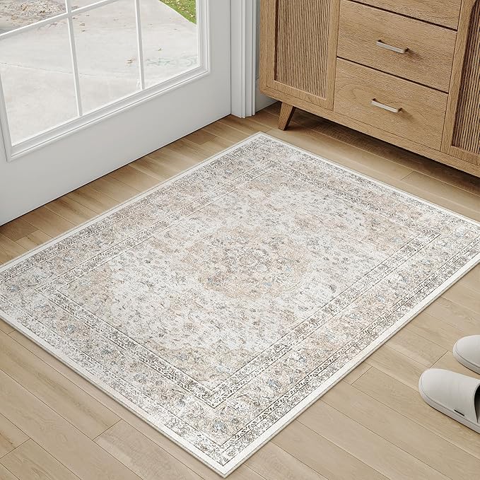 2x3 Washable Vintage Area Rug for Living Room Bedroom Beige Grey Soft Tranditional Non Slip Thin Throw Rug Lightweight Floral Low Pile Distressed Doormat Entrance Dining Laundry Room Kitchen