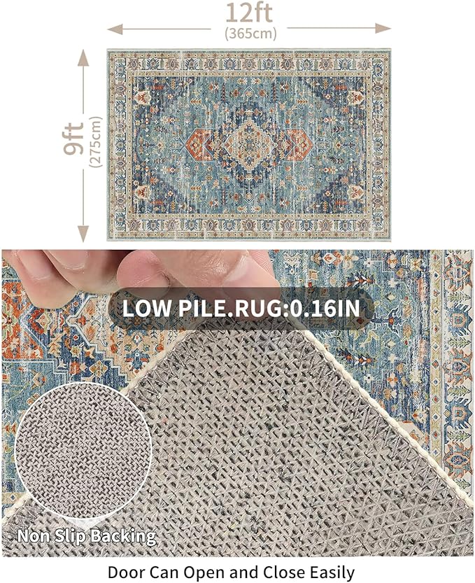 Enkor Area Soft Rugs 9x12 Washable Non Slip Boho Floor Rugs for Living Room Bedroom, Vintage Style Farmhouse Mat for Kitchen Entryway Green & Blue