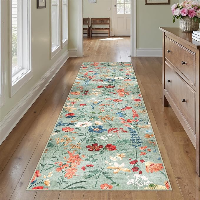 Floral Runner Rug 2x12 Washable Hallway Long Green Bedroom Carpet Non Slip Indoor Boho Kitchen Low Pile Accent Rug Lightweight Soft for Bathroom Dining Laundry Living Room