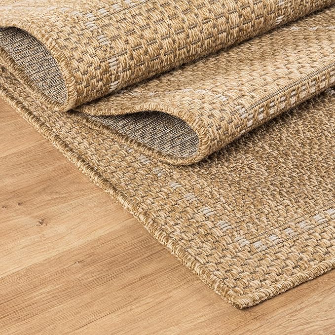 Beverly Rug Easy Jute Checkered Squared Runner Rug 2x7 Washable Durable Indoor Outdoor Area Rugs for Living Room Patio Office Stain Resistant Non Shedding Casual Indoor Outside Carpet 2 x 7 Natural