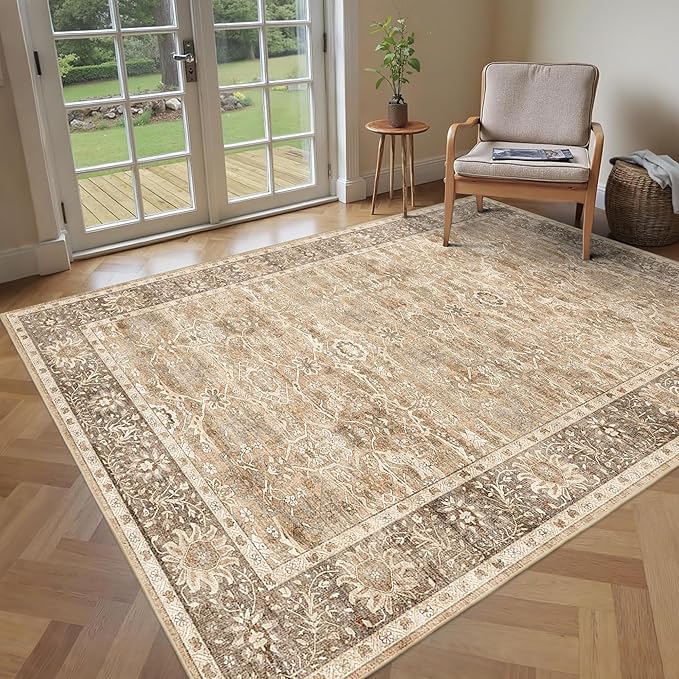 3x5 Washable Area Rug for Living Room Bedroom Dining Room Non-Slip Low Pile Boho Vintage Distressed Entryway Rug Traditional Floral Retro Accent Throw Carpet for Dining Room Bathroom Kitchen Beige