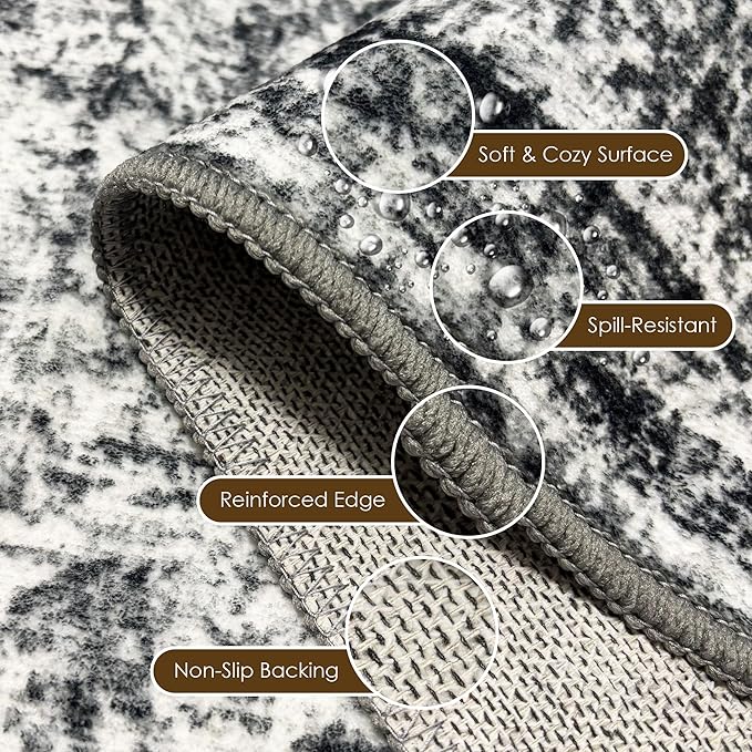 Washable Area Rug 6' x 9' Vintage Traditional Persian Mat - Foldable Distressed Non-Slip Machine Washable Carpet for Living Room Bedroom Kitchen Home Decor - Graphite and Mist
