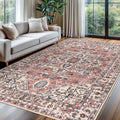 KOZYFLY Boho Area Rug 6x9 Ft Thin Washable Rugs for Bedroom and Living Room Faux Wool Printed Throw Carpet Non Slip Rug for Entryway Kitchen Dining Room, Terracotta/Beige