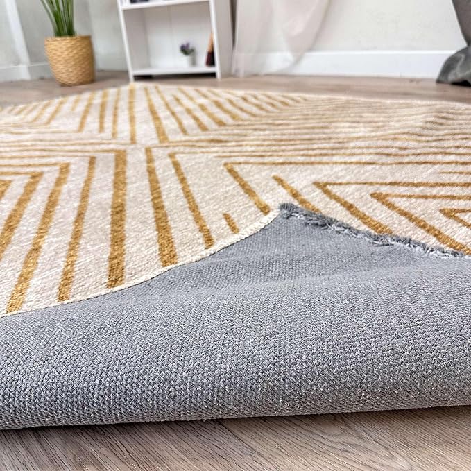 Alfa Rich 4x6 Geometric Gold Off White Washable Area Rugs for Living Room Bedroom Kitchen Cotton Rug