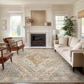 Bavni Washable Rug 8x10 Area Rug for Living Room Bedroom Dining, Washable Vintage Print Carpet, Ultra-Thin Chenille Low Pile Lightweight Rug with Non Slip Backing, Tan/Grey