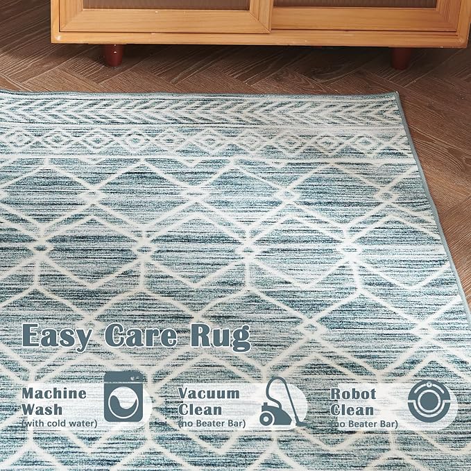 jinchan Moroccan 4x6 Area Rugs for Bedroom - Machine Washable Soft Modern Geometric Stain Resistant Non-Slip Ultra-Thin Low-Pile Faux Wool Carpet for Living Room Kitchen Dining Room (4x6ft, Teal Blue)