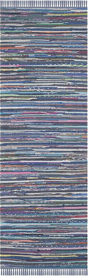 SAFAVIEH Rag Rug Collection Runner Rug - 2'3" x 8', Purple & Multi, Handmade Boho Stripe Cotton, Ideal for High Traffic Areas in Living Room, Bedroom (RAR121D)