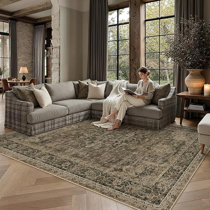 5x7 Washable Area Rug Brown Vintage Distressed Rug for Office Oriental Soft Thin Indoor Retro Carpet Non Slip Low Pile Floor Cover for Living Ding Room Bedroom Laundry Dorm