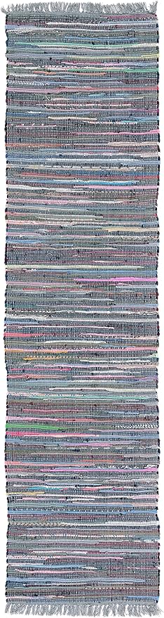 SAFAVIEH Rag Rug Collection Runner Rug - 2'3" x 9', Aqua & Multi, Handmade Boho Stripe Cotton, Ideal for High Traffic Areas in Living Room, Bedroom (RAR121K)