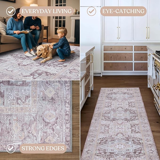 Washable Area Rug. Modern Farmhouse. Vintage. Turkish. Bohemian. Distressed. Oriental. Traditional. Rugs for Living Room. Dining. Bedroom. Office. Entryway. Foyer. (861PP, 2'5" x 13')