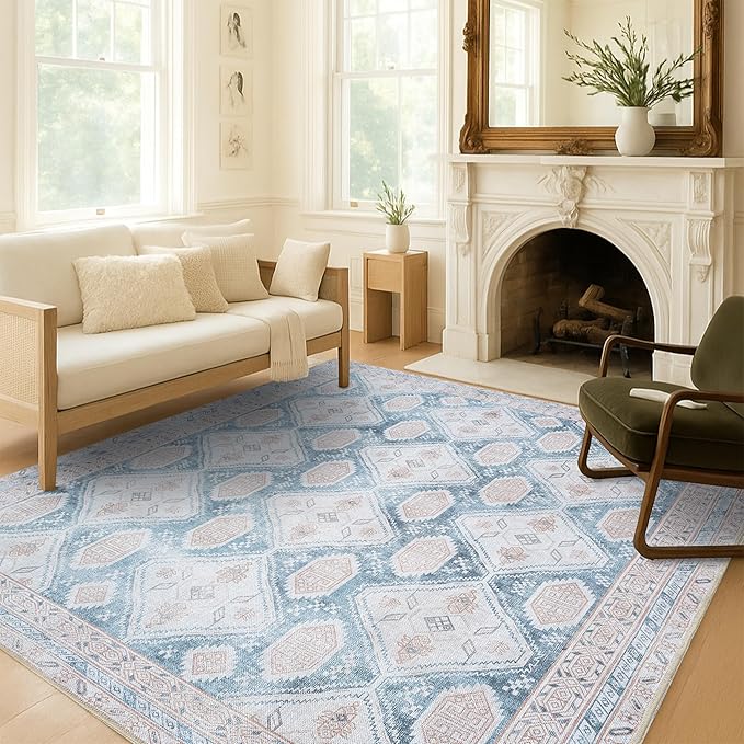 Washable Area Rug. Modern Farmhouse. Vintage. Turkish. Bohemian. Distressed. Oriental. Traditional. Rugs for Living Room. Dining. Bedroom. Office. Entryway. Foyer. (852CB, 7'5" x 9'8")