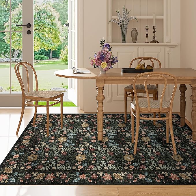 DUKINO 5x7 Area Rugs, Floral Washable Rugs for Bedroom with Non Slip Backing, Vintage Low Pile Indoor Floor Carpets for Bedroom, Living Room, Farmhouse, Home Office, Dining Room, Black