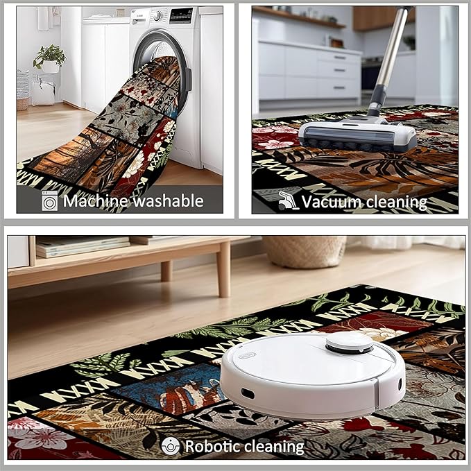 Vintage Jungle Floral Area Rug 5x8ft, Tropical Leaf Print Low Pile Carpet, Washable Non-Slip & Soft Mat for Bedroom, Living Room, Dining Room, Playroom