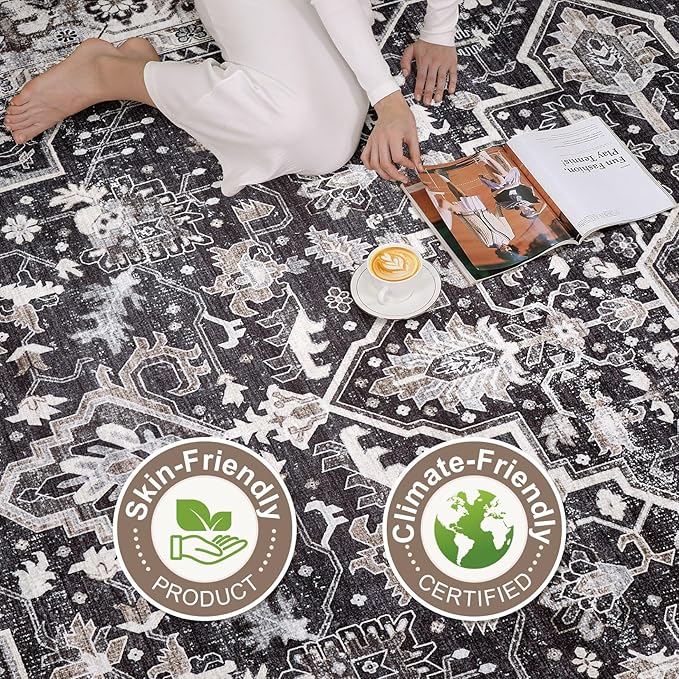 Black Rug Living Room Rugs: 7x10 Washable Boho Large Vintage Moody Soft Stain Resistant Oriental Farmhouse Non-Slip Indoor Floor Carpet for Bedroom Playroom Office Dining Room Retro Home Decor