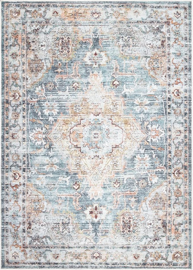 Bloom Rugs Washable Non-Slip 9' x 12' Rug - Teal/Peach Traditional Area Rug for Living Room, Bedroom, Dining Room, and Kitchen - Exact Size: 9' x 12'