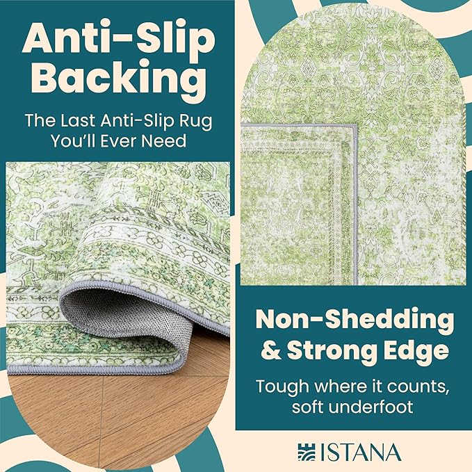 Istana Hallway Runner Rug 2.5x8 - Light Green Kitchen Rugs Non Slip Washable -Silk's Soft Touch Carpet Runner - Stylish Rugs for Home