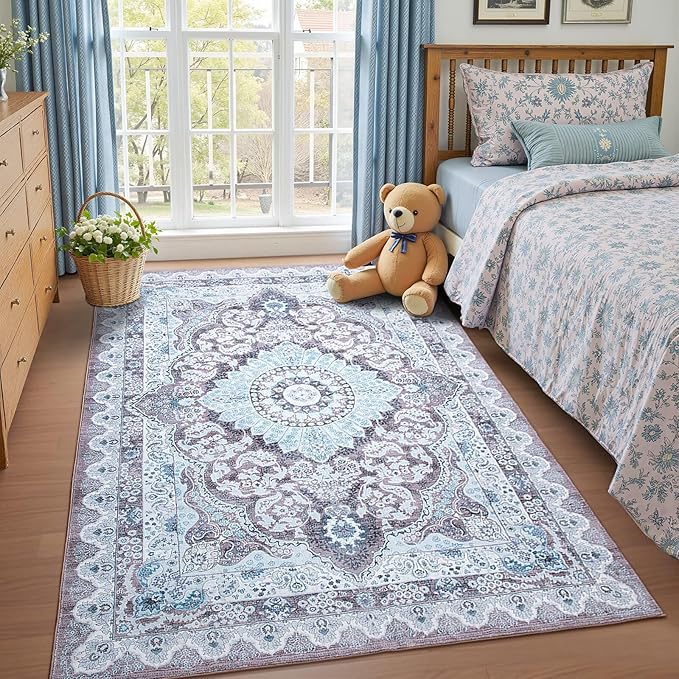 3x5 Area Rug for Bedroom, Machine Washable Rugs with Non-Slip Backing for Living Room, Soft Vintage Carpet Kitchen Laundry Kids Room Decor, Blue & Brown