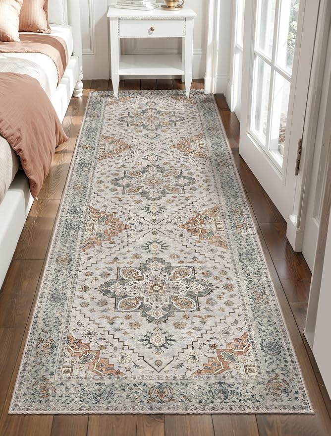 Tangsoo 2.6x8 Washable Runner Rug for Hallways, Non Slip Vintage Runner Rugs, Soft Low Pile Long Rugs Print Distressed Grey Carpet Runners for Kitchen Bedroom Entryway Bathroom Living Room