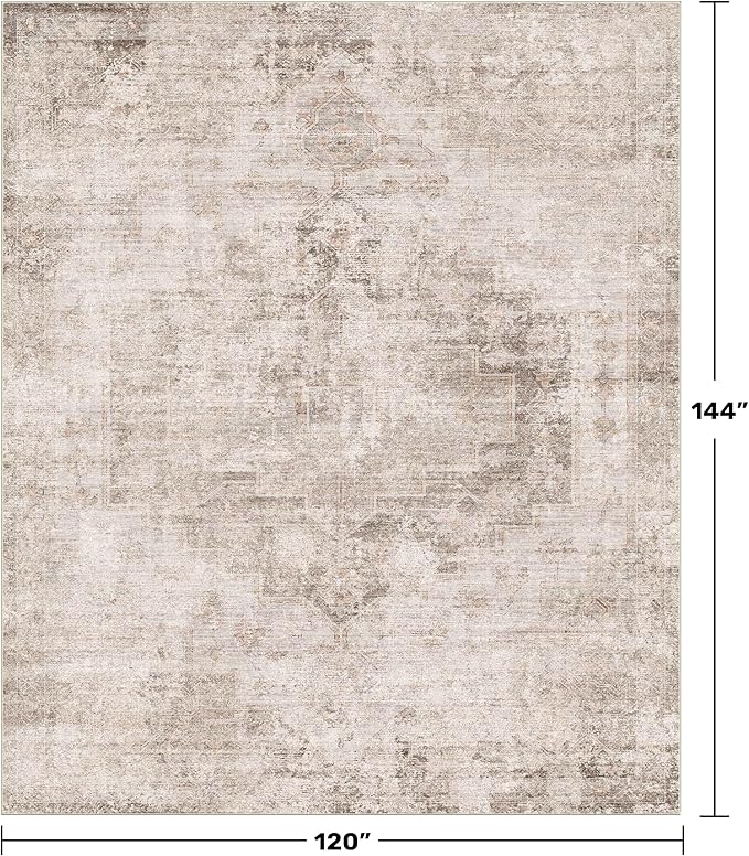 Tan Rugs for Living Room - 10x12 Vintage Large Floor Carpet Rug for Dining Room Under Table, Washable Non Slip with Rubber Backed