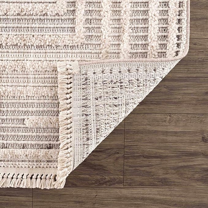 Hauteloom Lunao Living Room, Bedroom Area Rug - Geometric, Solid & Striped - Charcoal, Cream, Peach - 6'7" x 9'