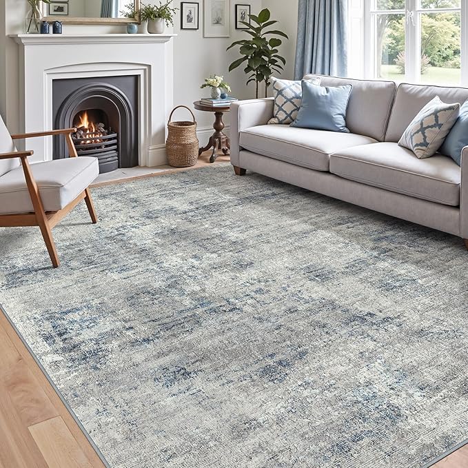 DEXI 4x6 Area Rug for Living Room, Modern Abstract Thin Washable Rug Indoor Floor, Non Slip Stain Resistant Low Pile Carpet for Dining Room Bedroom Office, Blue