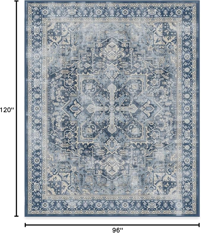 RUGGABLE Washable Vintage Area Rug – Kamran Admiral Blue 8x10, Stain-Resistant, Non-Slip – Large Machine Washable Rugs for Living Room, Bedroom, Hallway, Entryway & Office–with Standard Pad