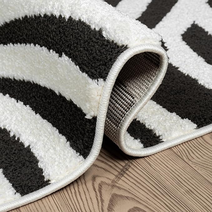 Abani Nomad Cream & Black Area Rug 5' x 8' for Living Room, Bedroom - Black Linear Curves Design - Durable & Easy to Clean