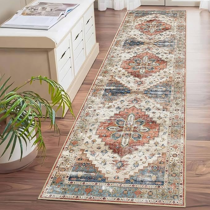 Enkor Runner Rugs for Hallway, 2x8 Washable Soft Non Slip Floor Rugs for Kitchen, Modern Mat for Living Room Bedroom Entryway Beige & Red