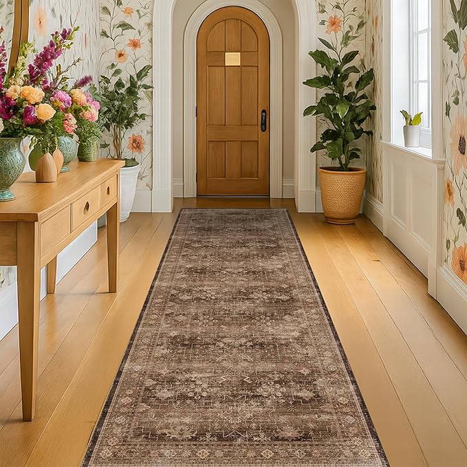 Washable 10ft Long Runners for Hallways, Brown 2'6"x10' Wide Kitchen Runner Rug, Entryway Indoor Rug, Non Slip Rubber Backing Boho Vintage Dark Floor Decor