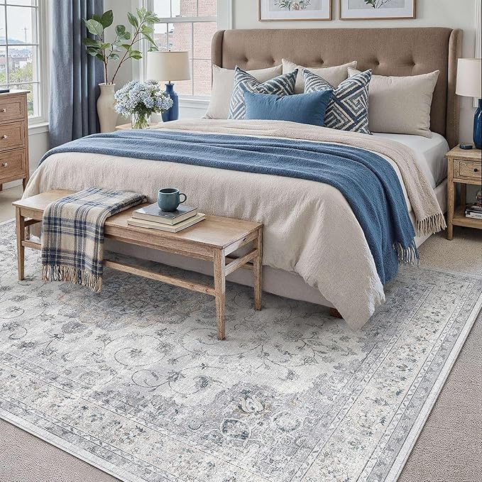 HUGEAR Machine Washable Area Rugs 5x8 Vintage Blue Living Room Bedroom Rug Neutral Style Non Slip Stain Resistant Low Pile Throw Carpet for Office Home Retro Aesthetic Modern Decor